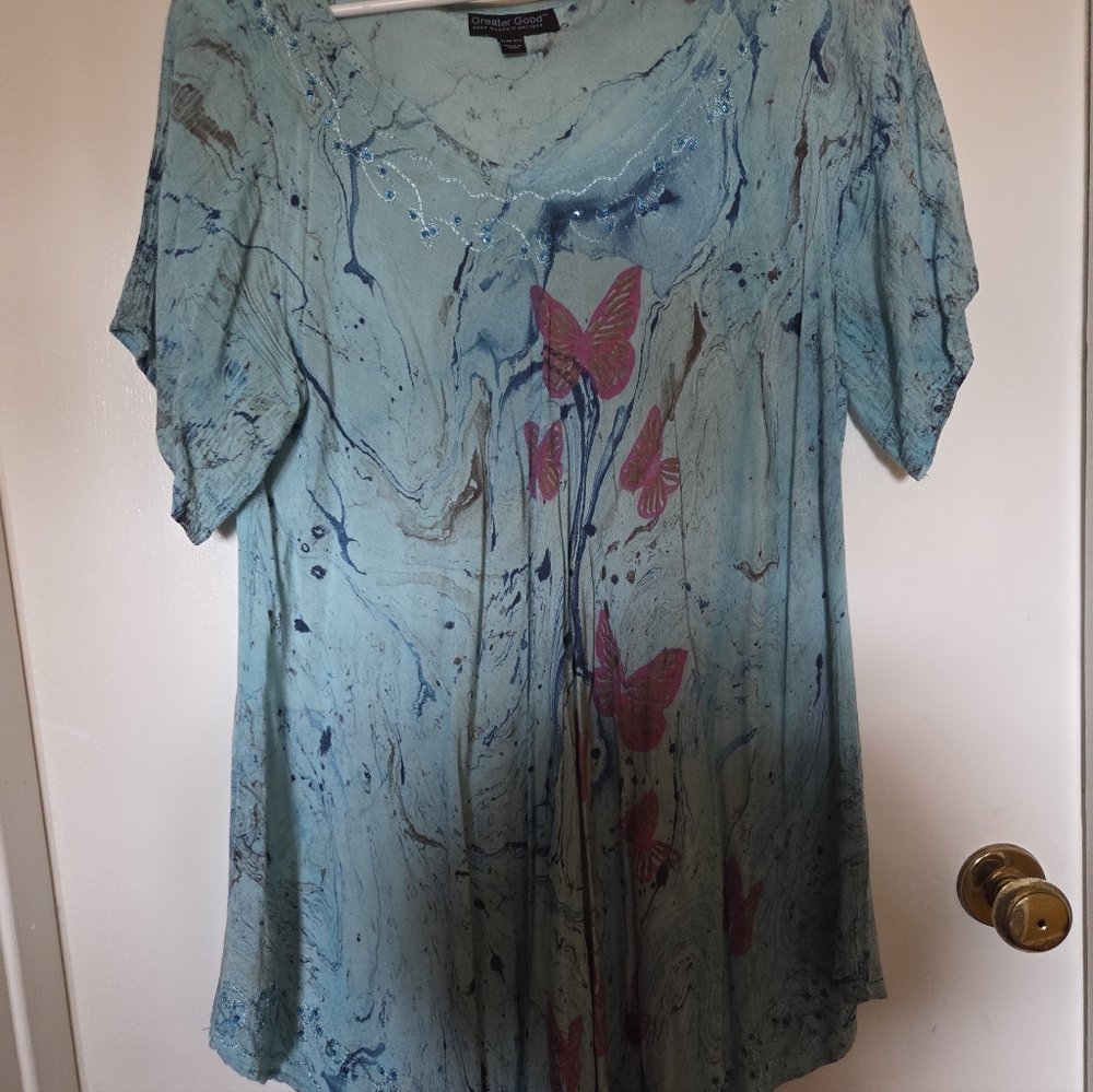 Elegant Blue and Pink Butterfly Women's Blouse